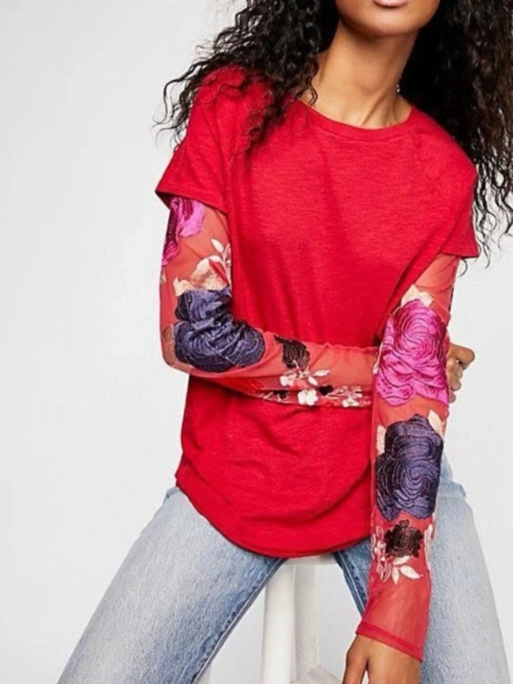 Free People Take Me Away Twofer Floral Embroidered Mesh Sheer Fishnet Shirt